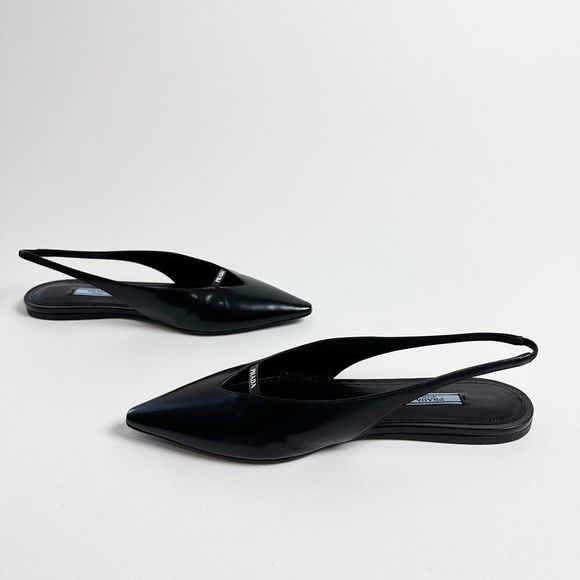 PRADA Black Slingback Ballet Flats 40 US 9.5 Point Toe Logo Flat Brushed Leather - Picture 13 of 15